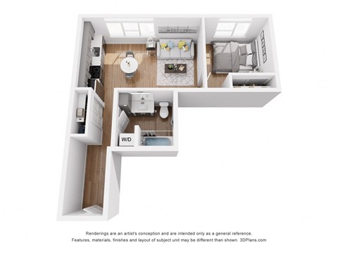 Floor plan for 1 bed, 1 bath, 638 sqft